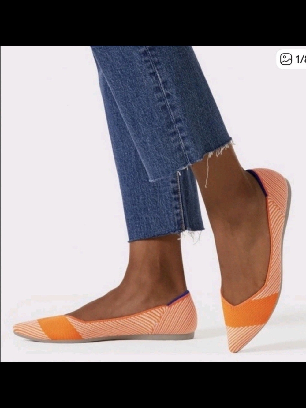 Rothy's Pointed Knit Flats in Bright Orange with Purple Trim